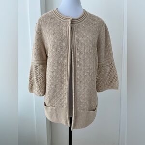 RODIER Knit Half Sleeve Open Front Cardigan Beige Gold Metallic Coastal Chic